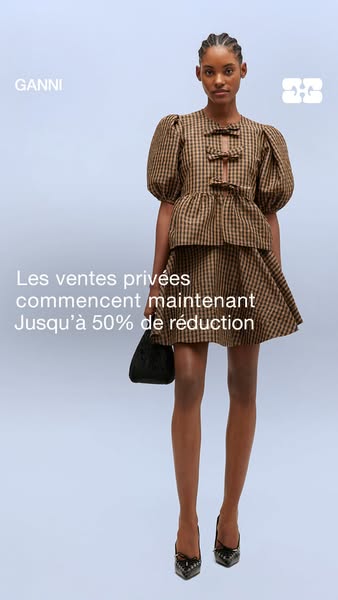 This ad features a woman modeling a matching top and skirt set. The ad promotes a private sale for up to 50% off.