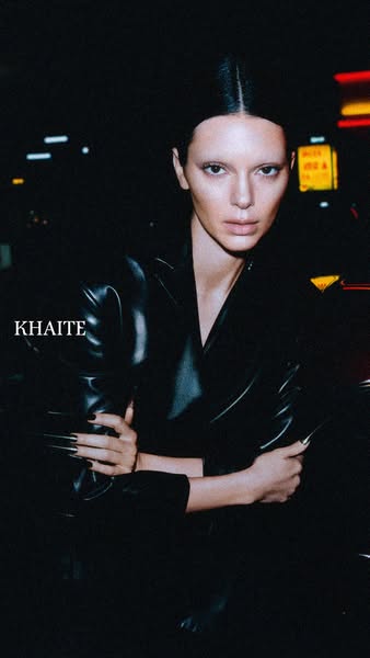 An image ad featuring Kendall Jenner wearing a Khaite leather jacket with the brand logo.