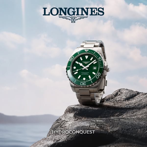 This image ad showcases a Longines HydroConquest watch against a scenic backdrop, highlighting its design and suitabilit