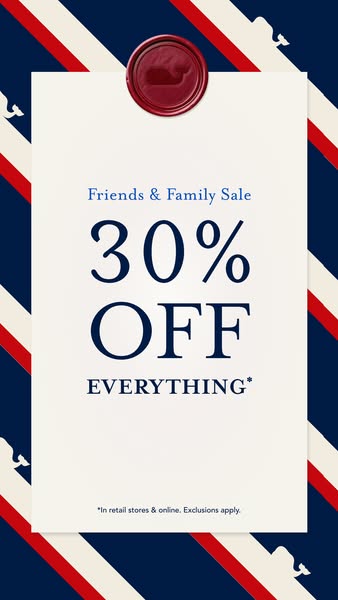 This ad promotes a 'Friends & Family Sale' offering 30% off everything in retail stores and online, with som