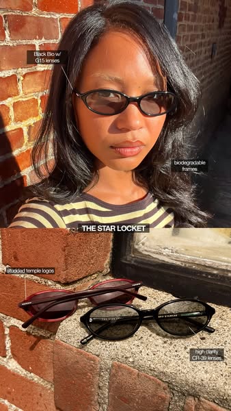 This image ad showcases The Star Locket eyewear brand, highlighting the features of their sunglasses. The ad is split in