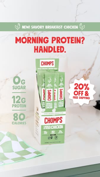 The image ad showcases Chomps savory breakfast chicken sticks, emphasizing their high protein content and low sugar and 