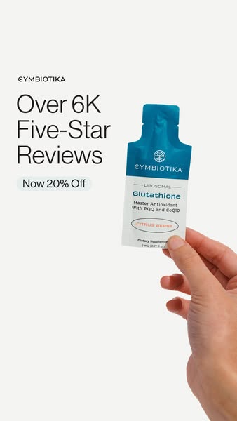 The ad features Cymbiotika Liposomal Glutathione, highlighting its positive reviews and a limited-time discount offer.