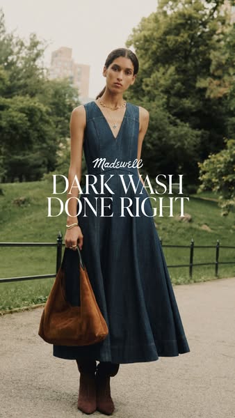 This ad showcases a Madewell dark wash denim dress. The ad features a model wearing the dress in an outdoor setting, emp