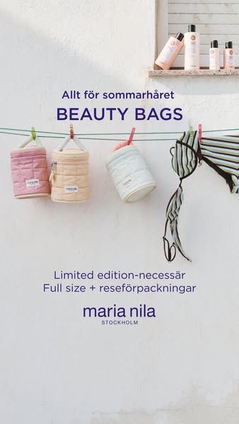 This ad for Maria Nila promotes their limited edition beauty bags and full size travel sets for summer hair care, displa