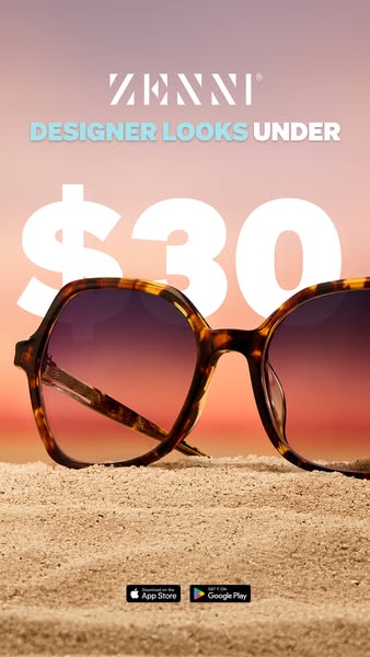 This Zenni ad showcases a pair of stylish sunglasses against a beach sunset backdrop, emphasizing affordability and desi