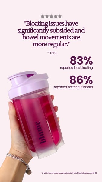 This image ad features a testimonial and survey data about Blume, a product that is advertised to assist with bloating i
