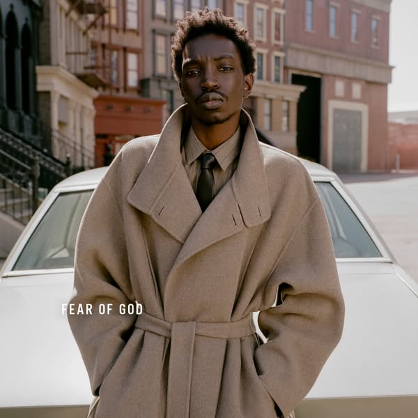 This ad features a man wearing a Fear of God overcoat in an urban setting. The ad focuses on the coat's design and f