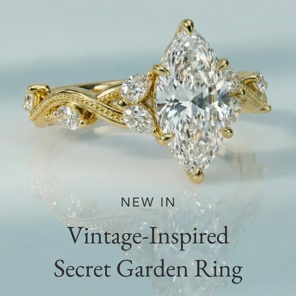This ad showcases a new vintage-inspired ring with a secret garden design. It highlights the ring's intricate detail