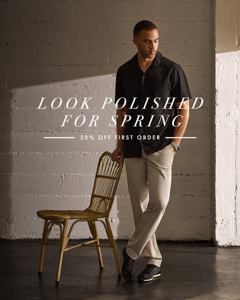 This image ad promotes men's clothing for spring, offering 20% off the first order.
