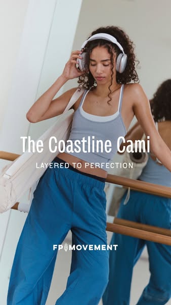 This ad features a woman in FP Movement activewear, specifically the Coastline Cami, styled with matching blue pants and