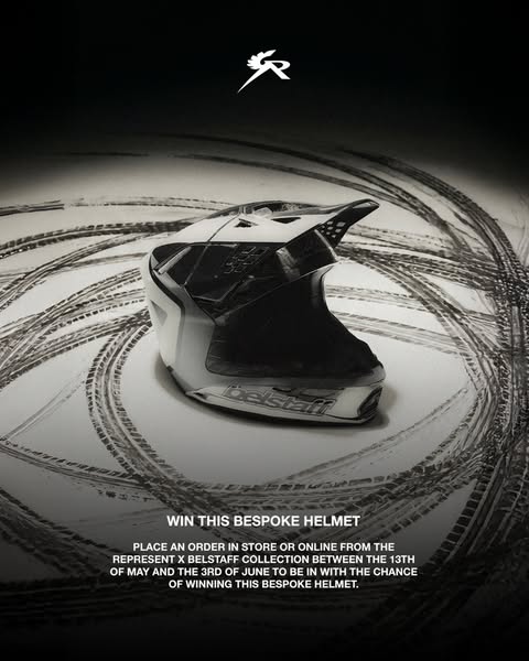 This ad promotes a contest where the winner receives a bespoke helmet. To enter the contest, a purchase from the Represe