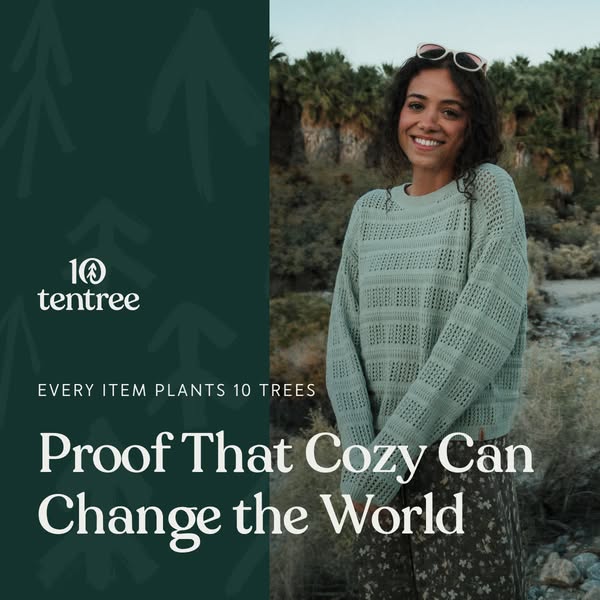 This image ad from tentree features a smiling woman wearing a mint green sweater while promoting the brand's mission