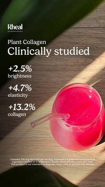 This ad promotes Rheal Plant Collagen, highlighting its clinically studied benefits for brightness, elasticity, and coll