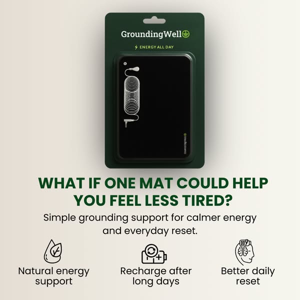 The image ad showcases the GroundingWell mat and describes its benefits. It suggests that the mat can help you feel less