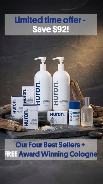 This image ad by Huron features four of their best-selling products and a free cologne to anyone who takes advantage of 