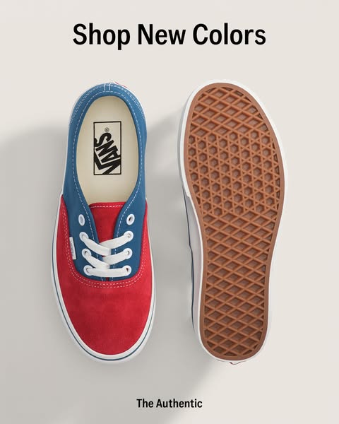 This ad showcases a pair of Vans sneakers in new colors, emphasizing the brand's authenticity.