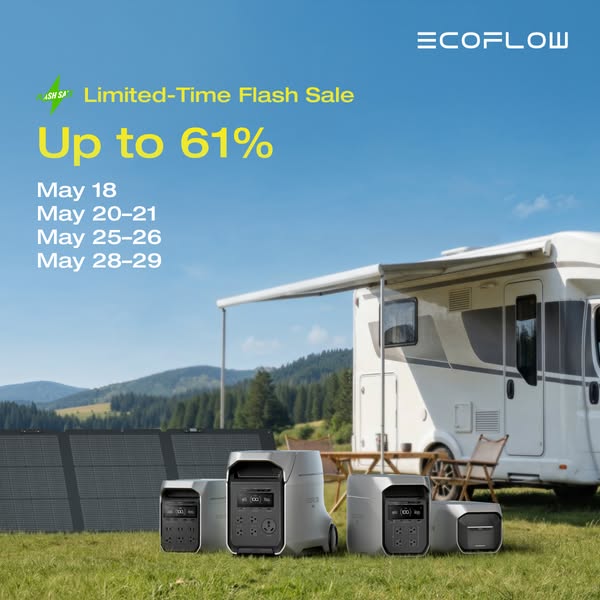 This image ad promotes EcoFlow portable power stations and solar panels with a limited-time flash sale offering up to 61