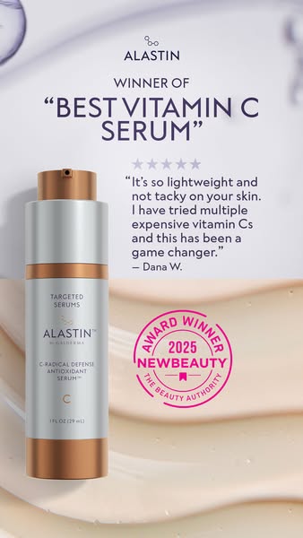 This image ad promotes Alastin's C-Radical Defense Antioxidant Serum as the 'Best Vitamin C Serum,' highligh