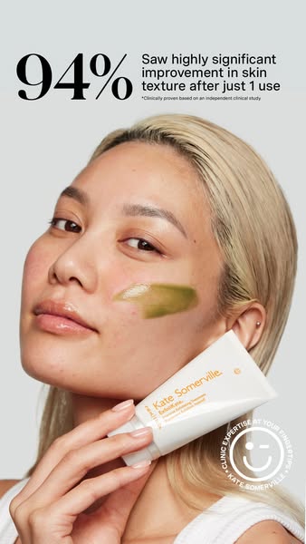 This ad for Kate Somerville's ExfoliKate Intensive Exfoliating Treatment features a woman with the product applied t