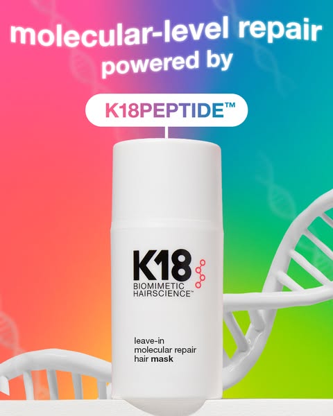 This image ad is for K18 leave-in molecular repair hair mask. The ad highlights the product's ability to repair hair