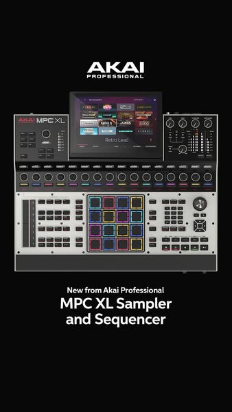 This ad features a sleek, high-contrast product shot of the new Akai Professional MPC XL Sampler and Sequencer, emphasiz