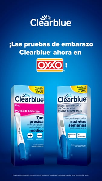 Advertisement for Clearblue pregnancy tests that are now available at OXXO convenience stores. The ad highlights the acc
