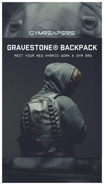 A product ad showcasing a gray GYMREAPERS GRAVESTONE® Backpack, designed as a hybrid bag for work and the gym, with a da