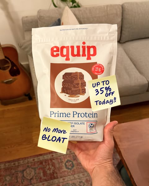 This image ad shows Equip Prime Protein Chocolate powder, along with two sticky notes, one advertising a 35% off sale an