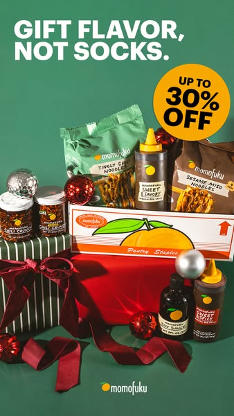 This image is an advertisement by Momofuku promoting its pantry staple products as a gift idea, positioning them as a mo