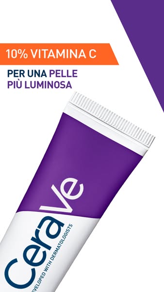 This ad for Cerave features a close-up of their Vitamin C serum tube against a white background with orange and purple a