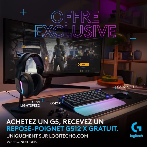 The ad promotes a Logitech gaming keyboard, mouse, and headset. An offer highlights a free wrist rest with the purchase 