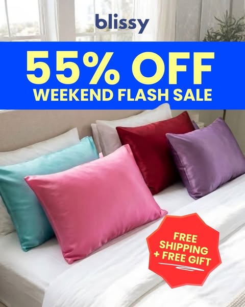 This image ad for Blissy features silk pillowcases and promotes a weekend flash sale with 55% off plus free shipping and