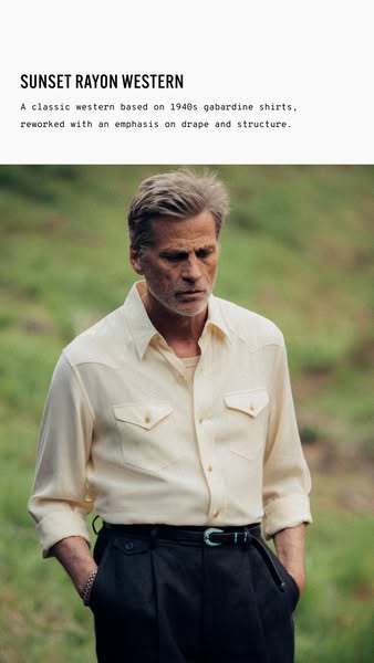 The ad features a man wearing a Sunset Rayon Western shirt, emphasizing the shirt's drape and structure. The ad appe