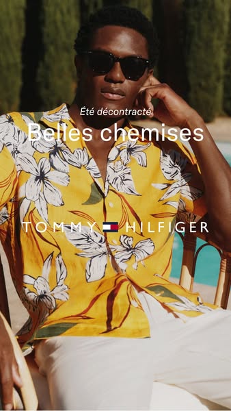 A summer shirt from Tommy Hilfiger is advertised with a photo of a man wearing it. The ad is in French.