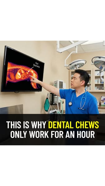 This ad addresses the pain point that dental chews only work for an hour by showing a veterinary professional explaining
