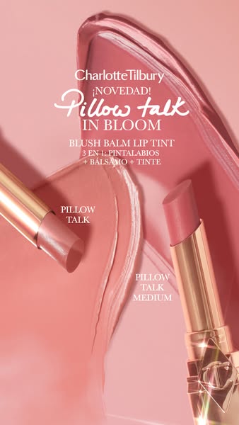This is an ad for Charlotte Tilbury's Pillow Talk In Bloom blush balm lip tint. The ad highlights that the product i
