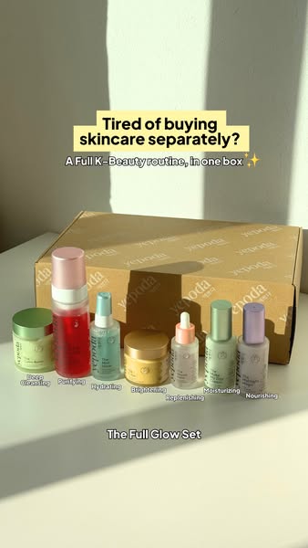 The ad promotes a complete K-beauty skincare routine in a single box, targeting consumers who are tired of buying skinca