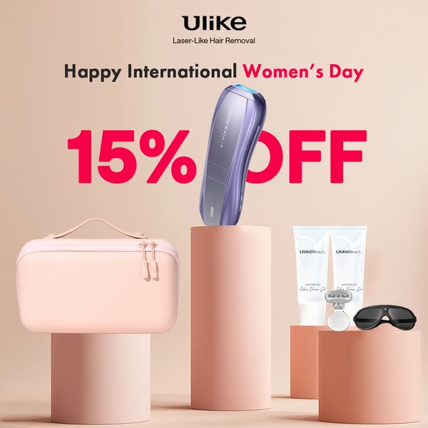 This ad for Ulike advertises a 15% discount for International Women's Day. The ad features the Ulike laser hair remo