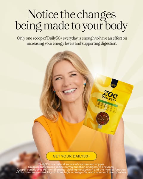 This ad for Zoe Daily30+ aims to capture viewers' attention by highlighting how the product can help increase energy