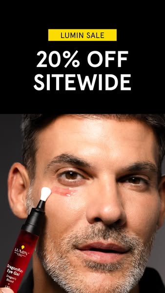 This image ad promotes Lumin's DragonRay Eye Gel, highlighting its application and a sitewide 20% off sale.