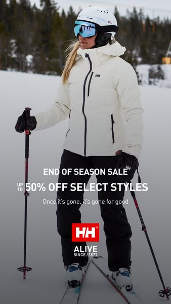 This ad for Helly Hansen features an image of a woman in ski gear in a snowy environment. The ad highlights the end-of-s