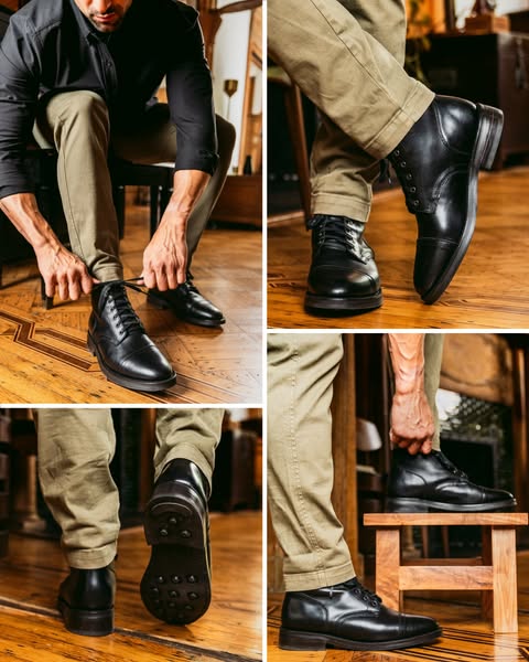 This ad showcases a pair of black leather dress boots. The ad uses a four-panel layout to highlight different angles and