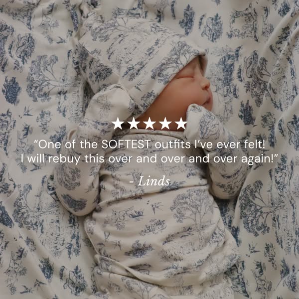 Ad featuring a five-star review for a baby outfit set, emphasizing its softness and re-purchase value.
