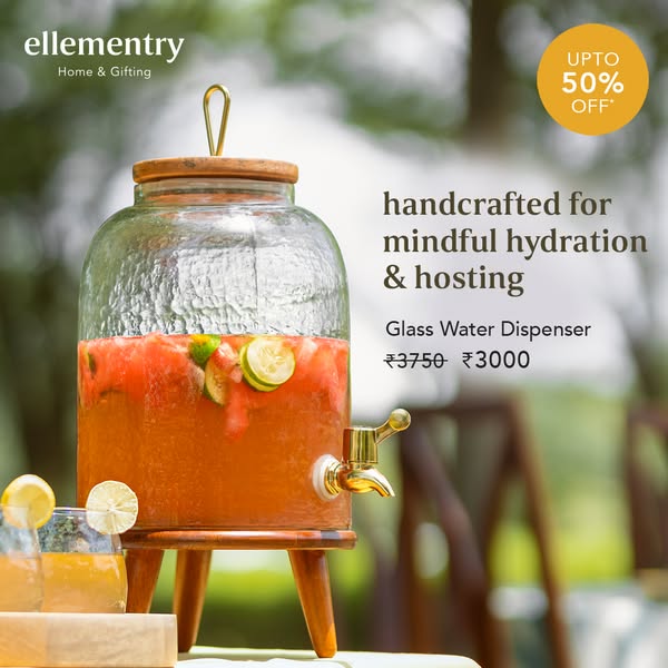 This image ad for ellementry features their glass water dispenser, highlighting its handcrafted nature and suitability f
