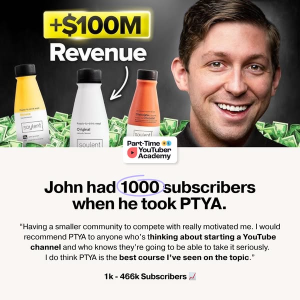 This ad features a testimonial from John, who gained subscribers after taking the Part-Time Youtuber Academy course. The