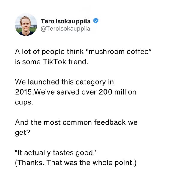 This ad is designed to look like a social media post from the founder of a mushroom coffee brand. It addresses the misco
