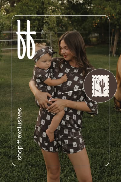 An image ad featuring a mother and baby wearing matching brown loungewear with a cactus and horseshoe print is showcased