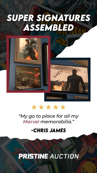This ad for Pristine Auction showcases signed Marvel memorabilia and features a customer testimonial to build trust and 