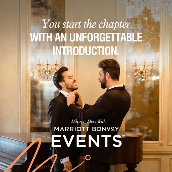The ad promotes Marriott Bonvoy Events, featuring a same-sex couple in formal wear, emphasizing the beginning of a chapt